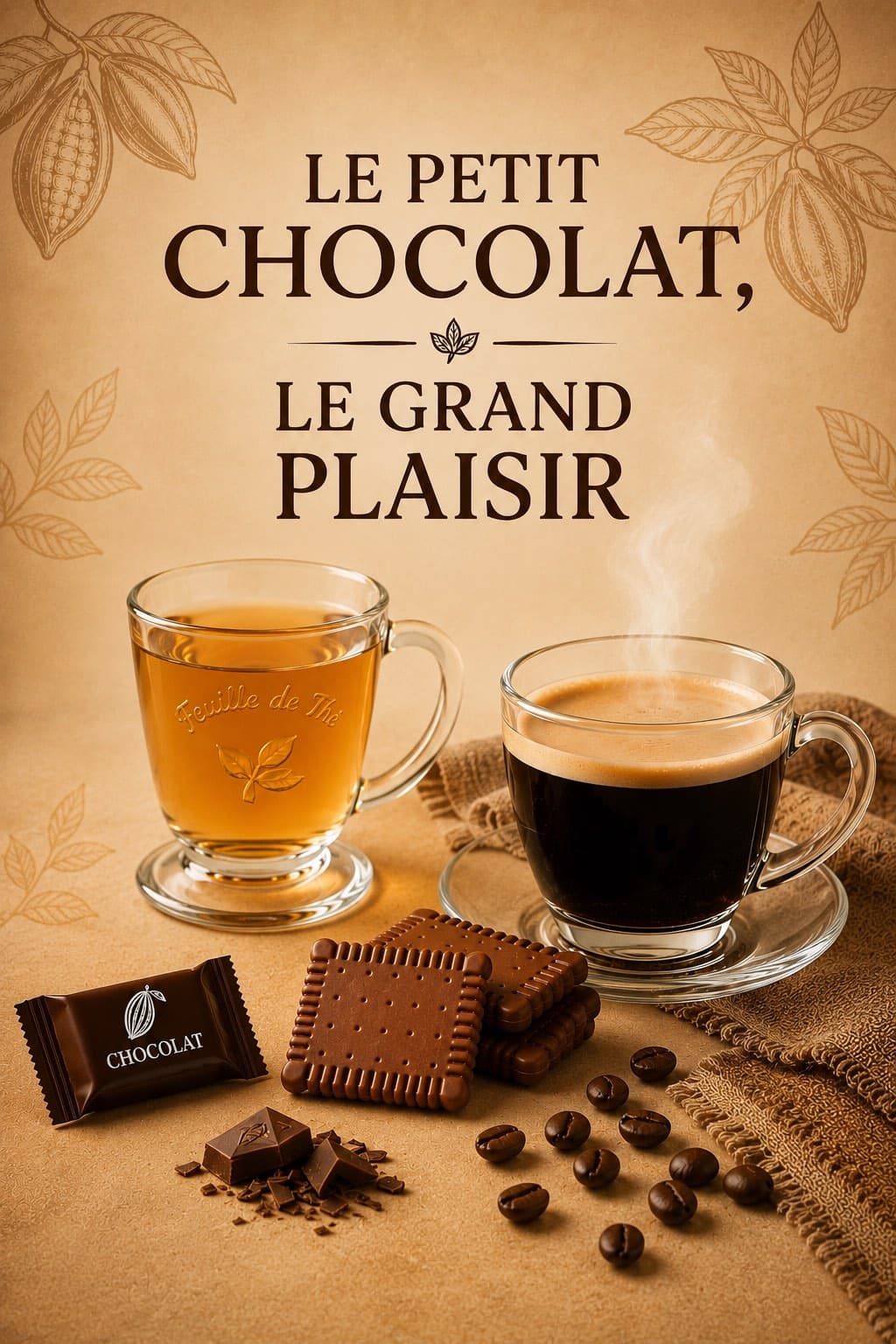 Affiche « Le petit chocolat, le grand plaisir » : petits beurres en chocolat et sachet individuel, avec un café et un thé