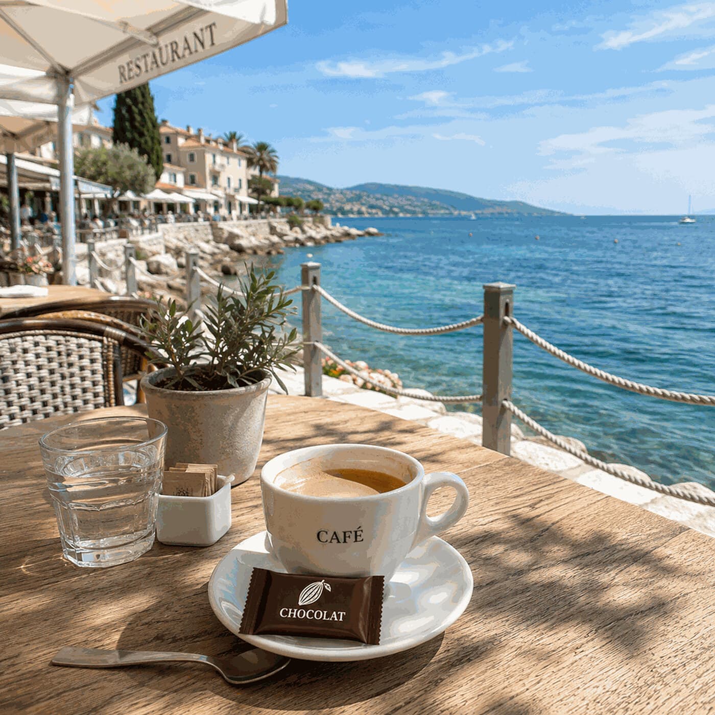 Terrasse en bord de mer : une tasse de café et des poissons en chocolat Cédric Brun
