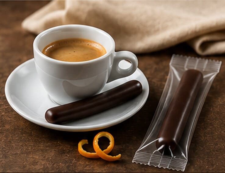 Tasse de café expresso accompagnée d’orangettes en chocolat noir