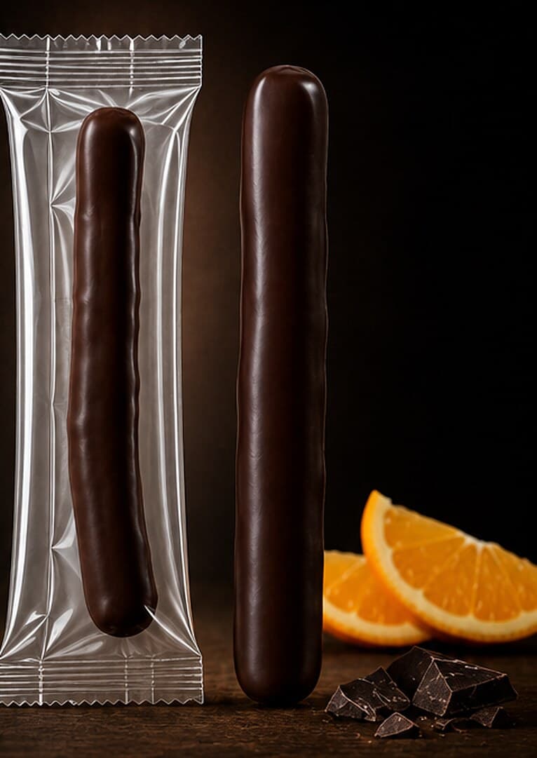 Orangette enrobée de chocolat noir, sous emballage individuel et nue, avec des quartiers d’orange